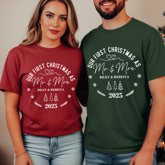 Our First Christmas As Mr & Mrs Couple Shirts - Personalized Couple Matching Shirts
