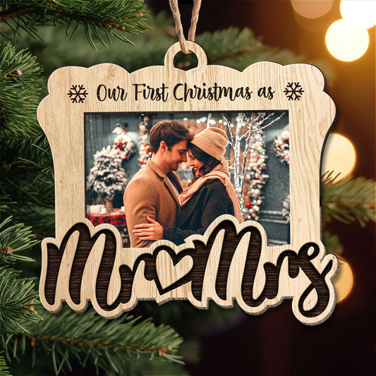 Our First Christmas As Mr & Mrs - Personalized Photo 2 Layers Wooden Ornament