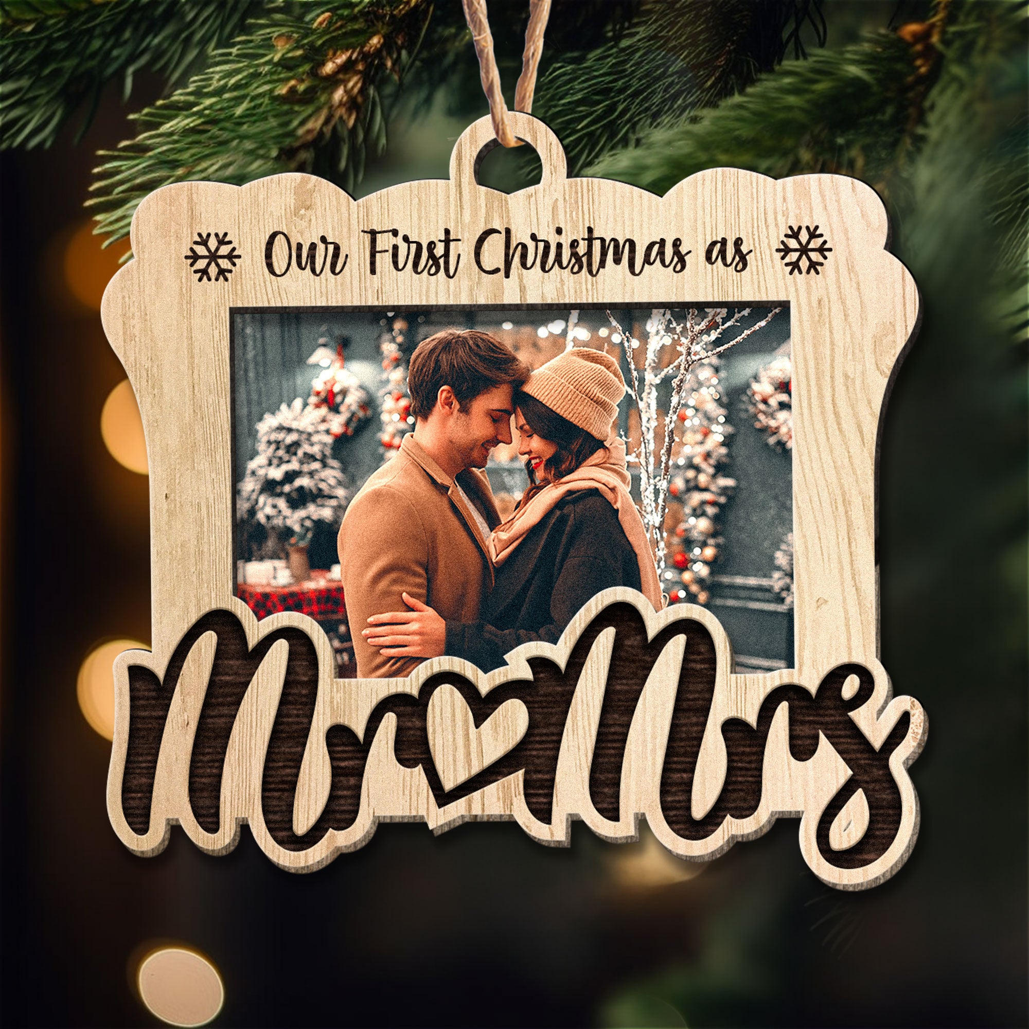 Our First Christmas As Mr & Mrs - Personalized Photo 2 Layers Wooden Ornament