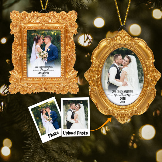 Our First Christmas As Mr & Mrs - Personalized Vintage Picture Frame Ornament