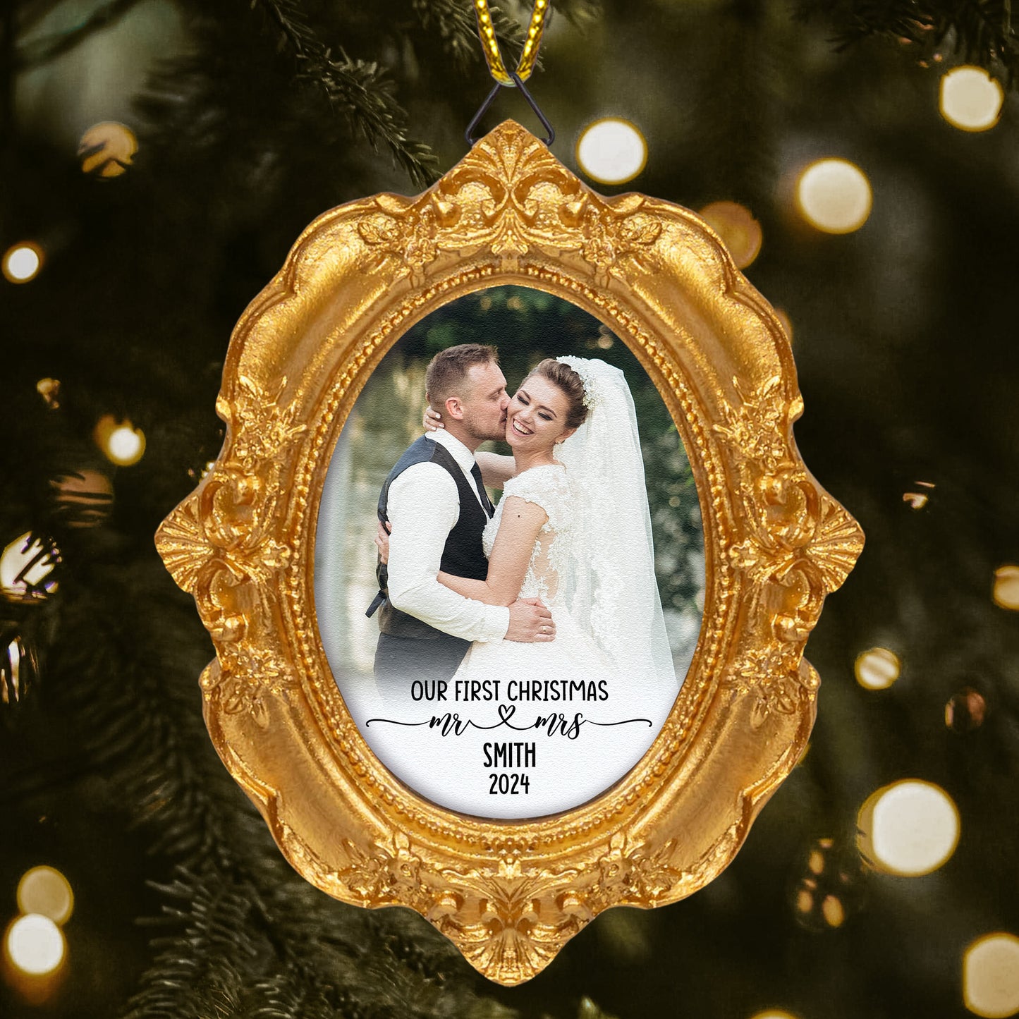 Our First Christmas As Mr & Mrs - Personalized Vintage Picture Frame Ornament