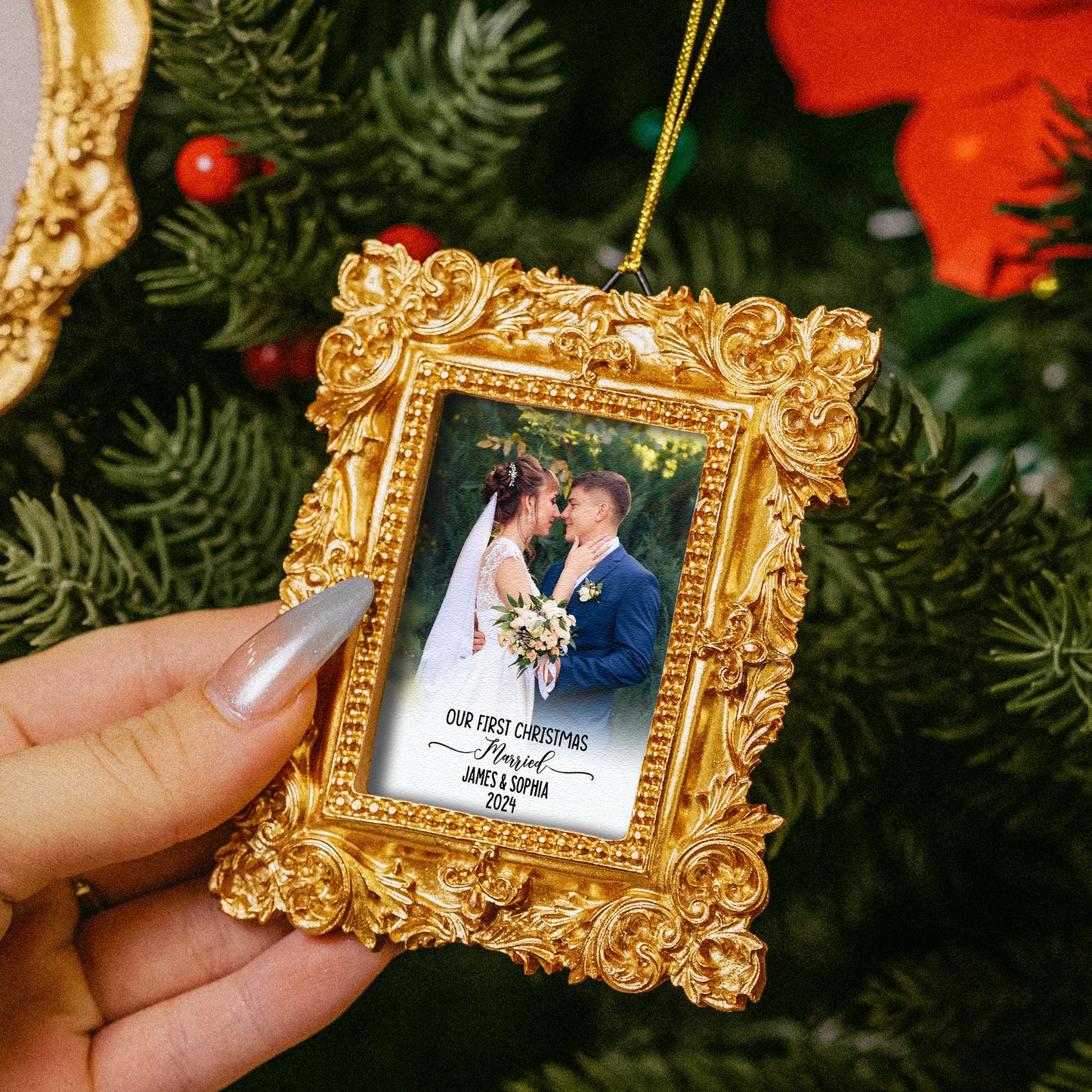Our First Christmas As Mr & Mrs - Personalized Vintage Picture Frame Ornament