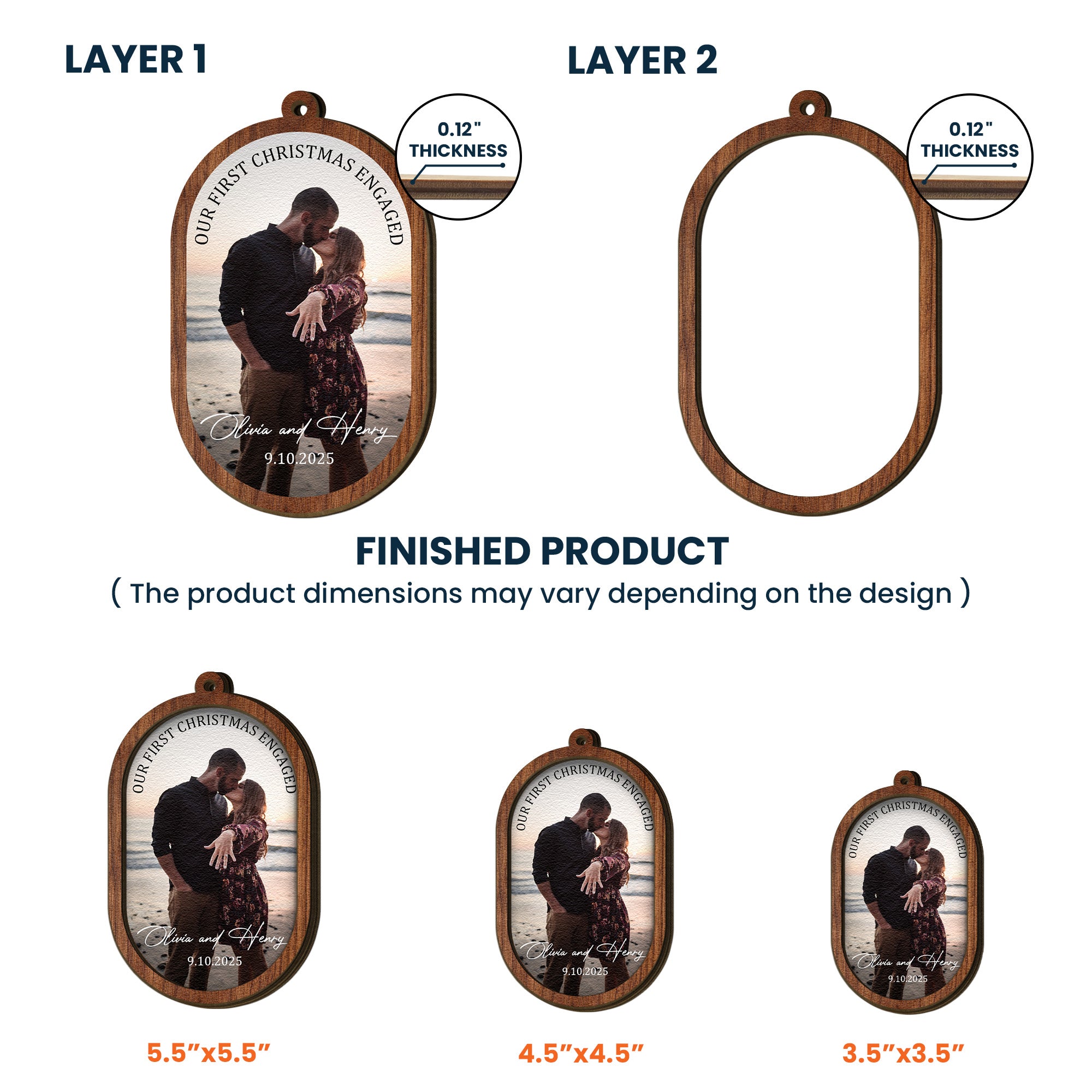 Our First Christmas Couple Christmas Ornament 2 Layers - Personalized Wooden Photo Ornament