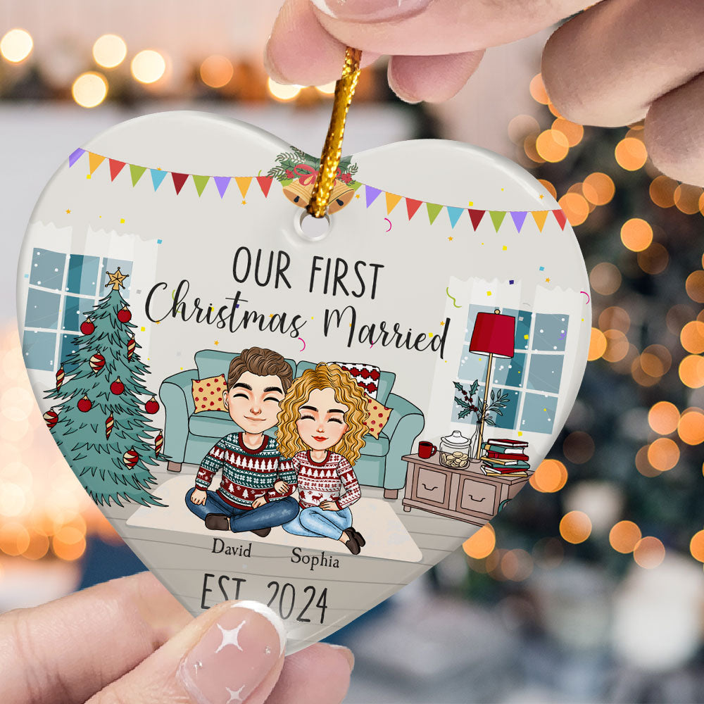 Our First Christmas Married - Personalized Heart Shaped Ceramic Ornament