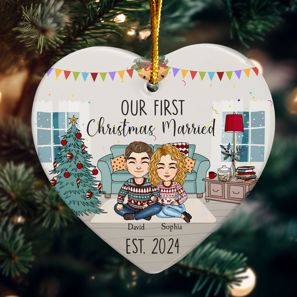 Our First Christmas Married - Personalized Heart Shaped Ceramic Ornament