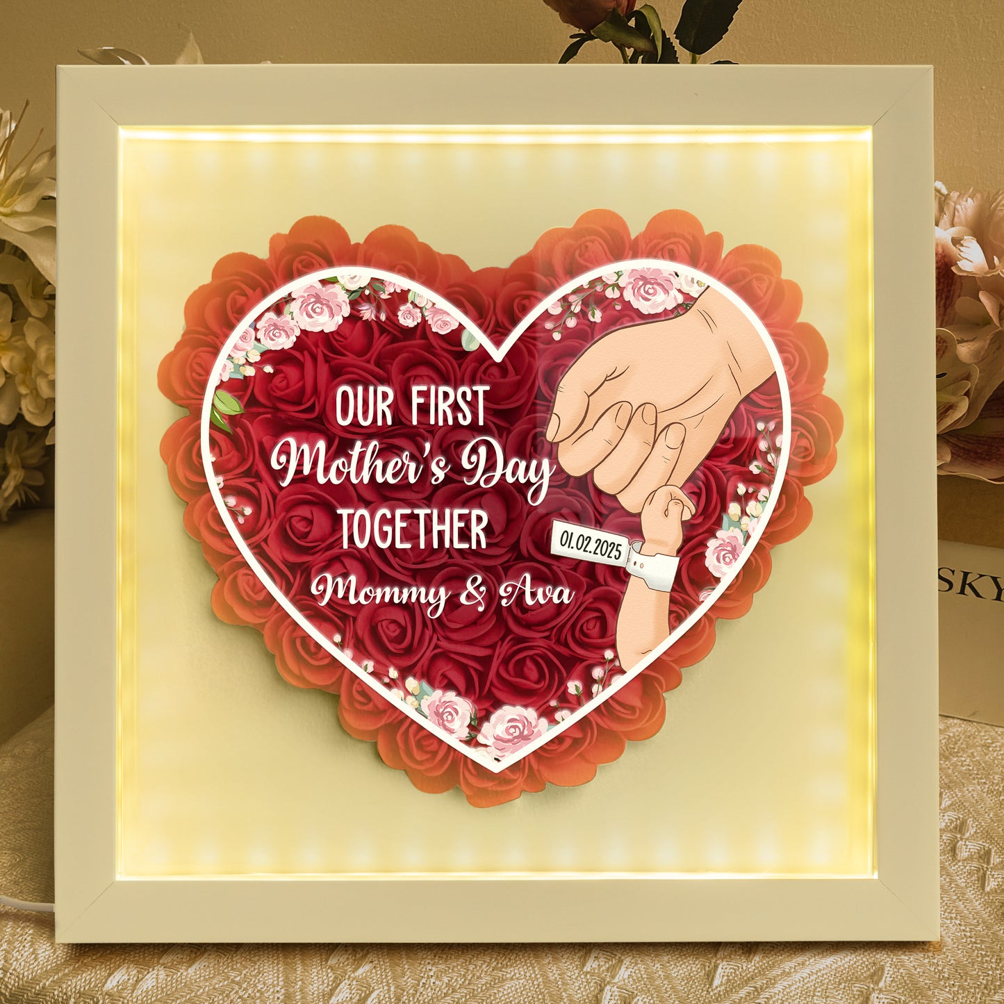 Our First Mother's Day Together - Personalized Flower Shadow Box With LED Light