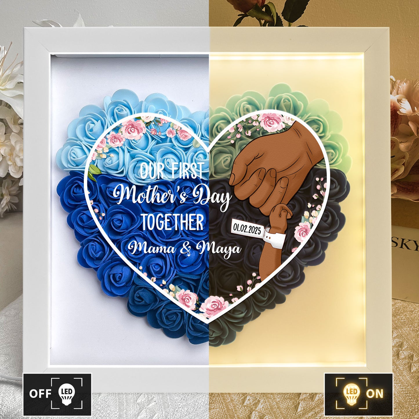 Our First Mother's Day Together - Personalized Flower Shadow Box With LED Light