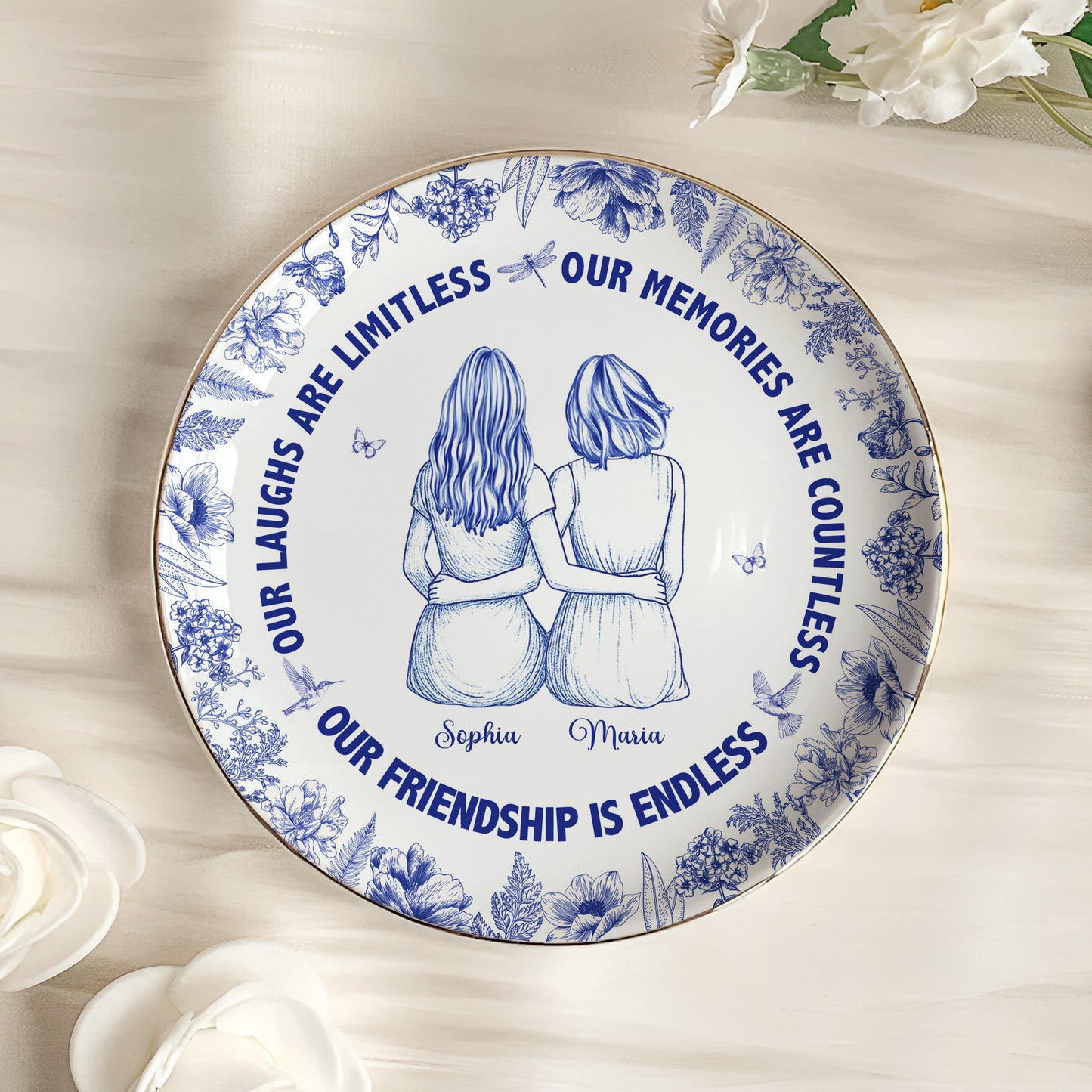 Our Laughs Are Limitless Friendship Gift Toile De Jouy - Personalized Jewelry Dish