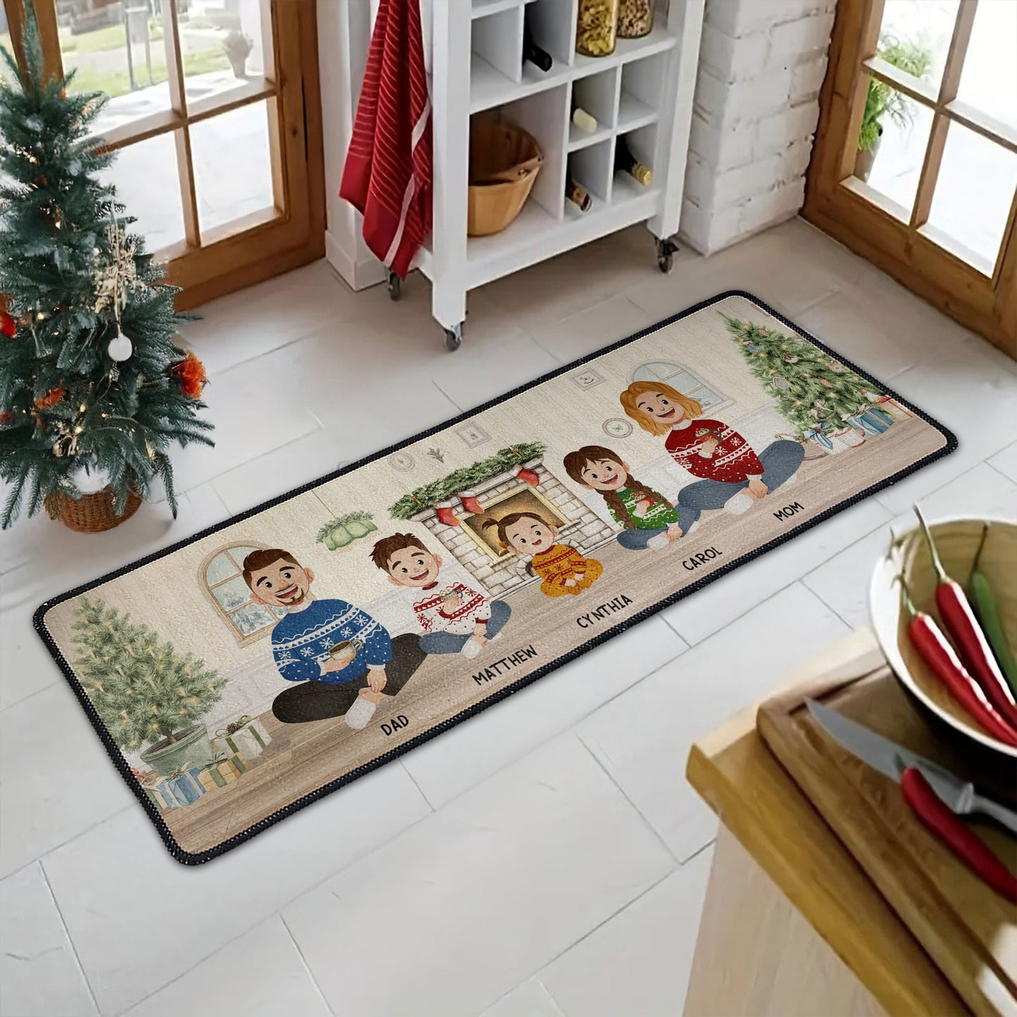 Our Christmas Family Sitting Vintage Style - Personalized Runner Rug