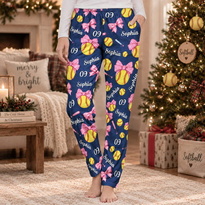 Coquette Bow Softball Custom Name, Number Gift For Softball Player, Softball Team - Personalized Lounge Pants