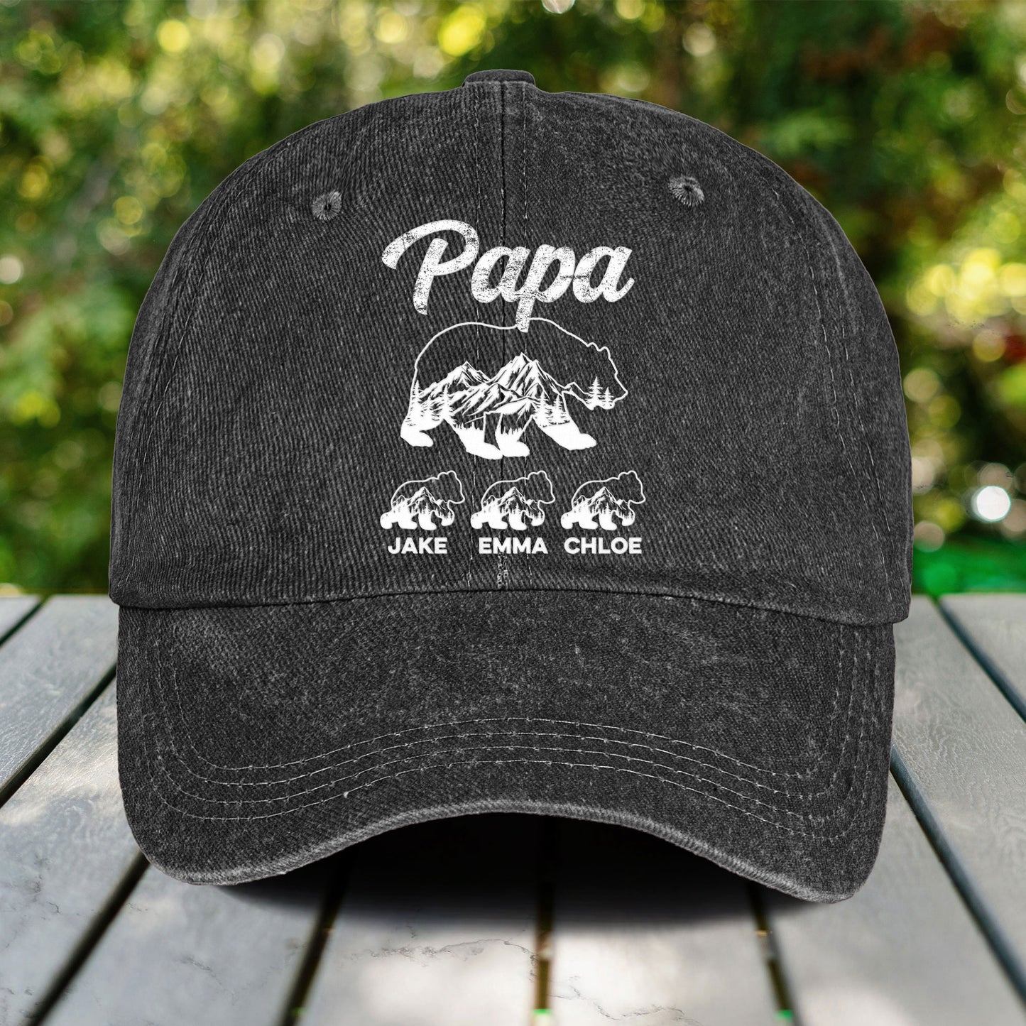 Papa Bear And His Cubs - Personalized Distressed Denim Cap