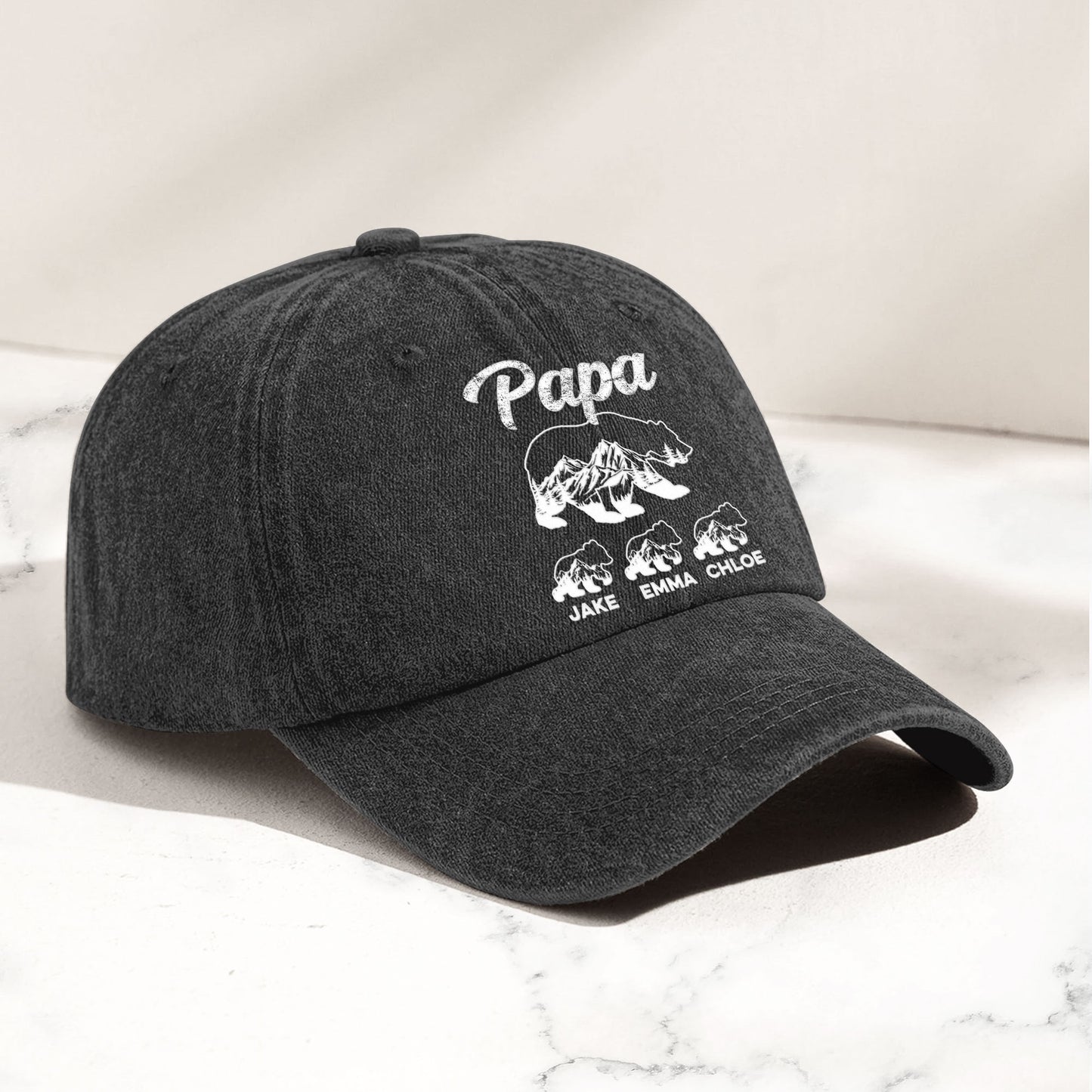 Papa Bear And His Cubs - Personalized Distressed Denim Cap