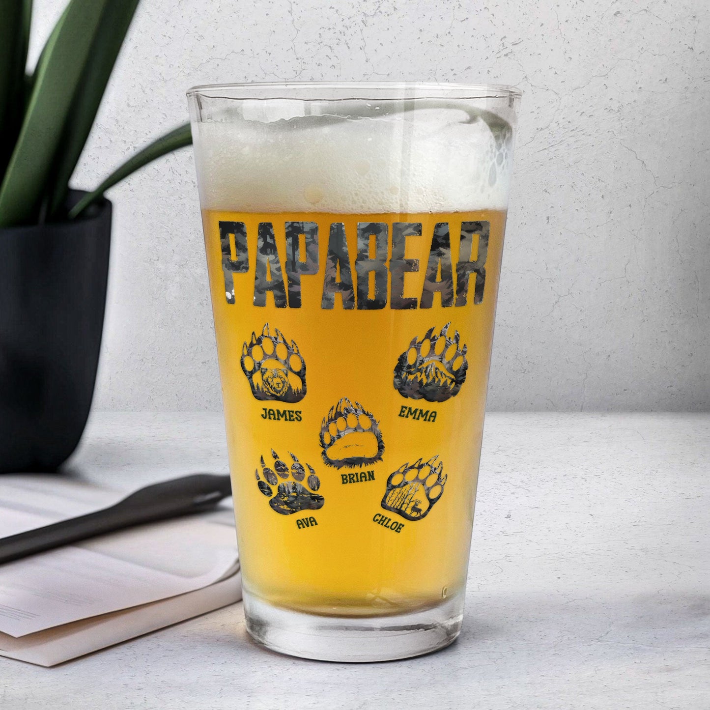 Papa Bear Paw Prints - Personalized Beer Glass