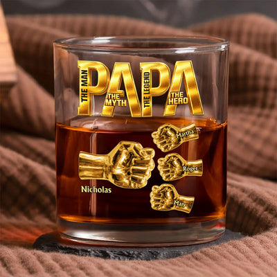 Papa The Man The Myth The Legend - Fist Bumps With Kids' Names - Personalized Whiskey Glass