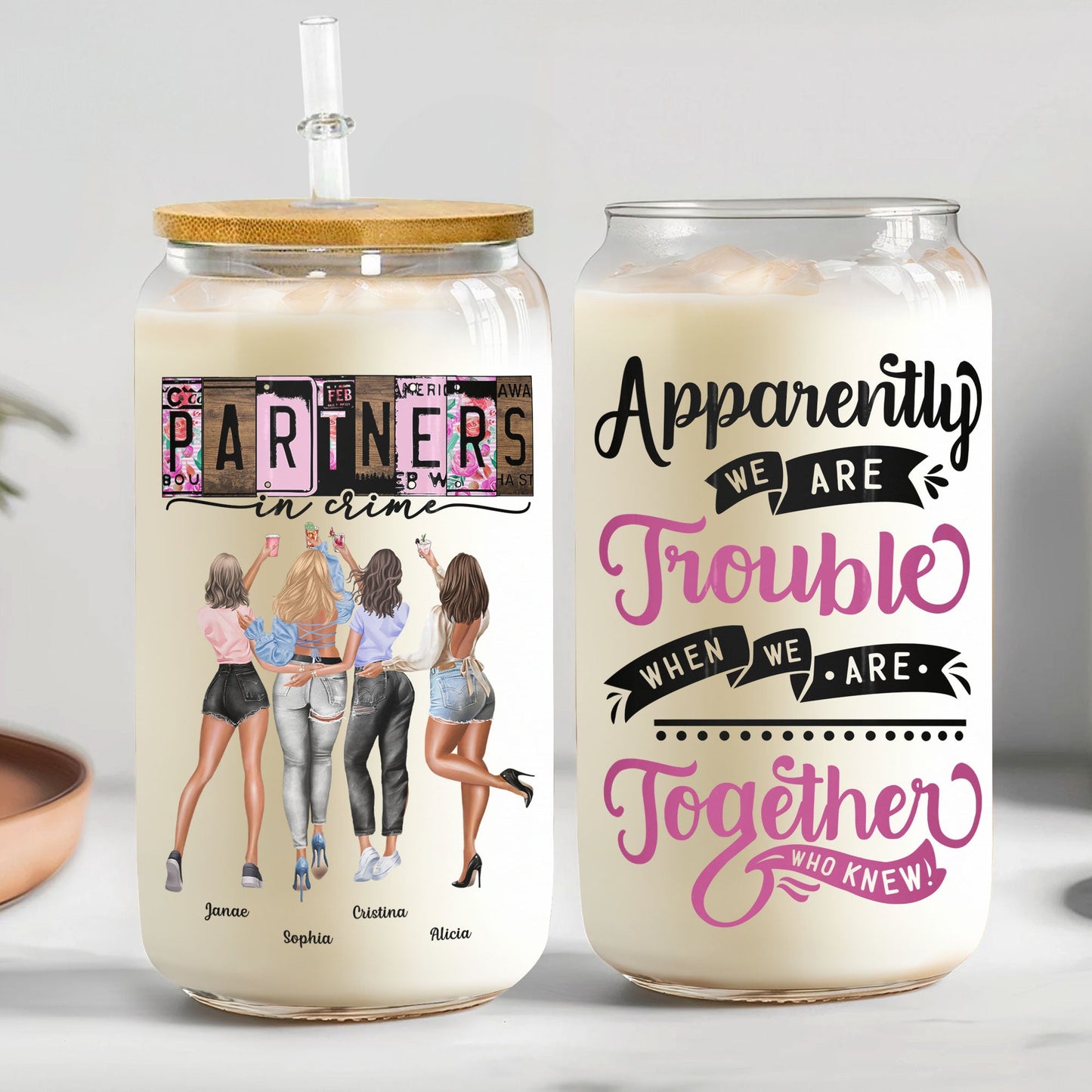 Partners In Crime. We're Trouble. - Personalized Clear Glass Cup