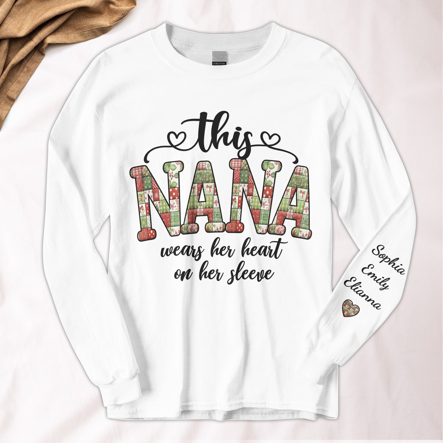 Patchwork Style This Grandma Wears Her Heart - Custom Long Sleeve T-Shirt