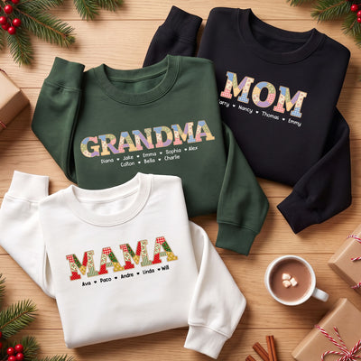 Patchwork Print Christmas Theme Mama Nana Auntie Title - Personalized Shirt