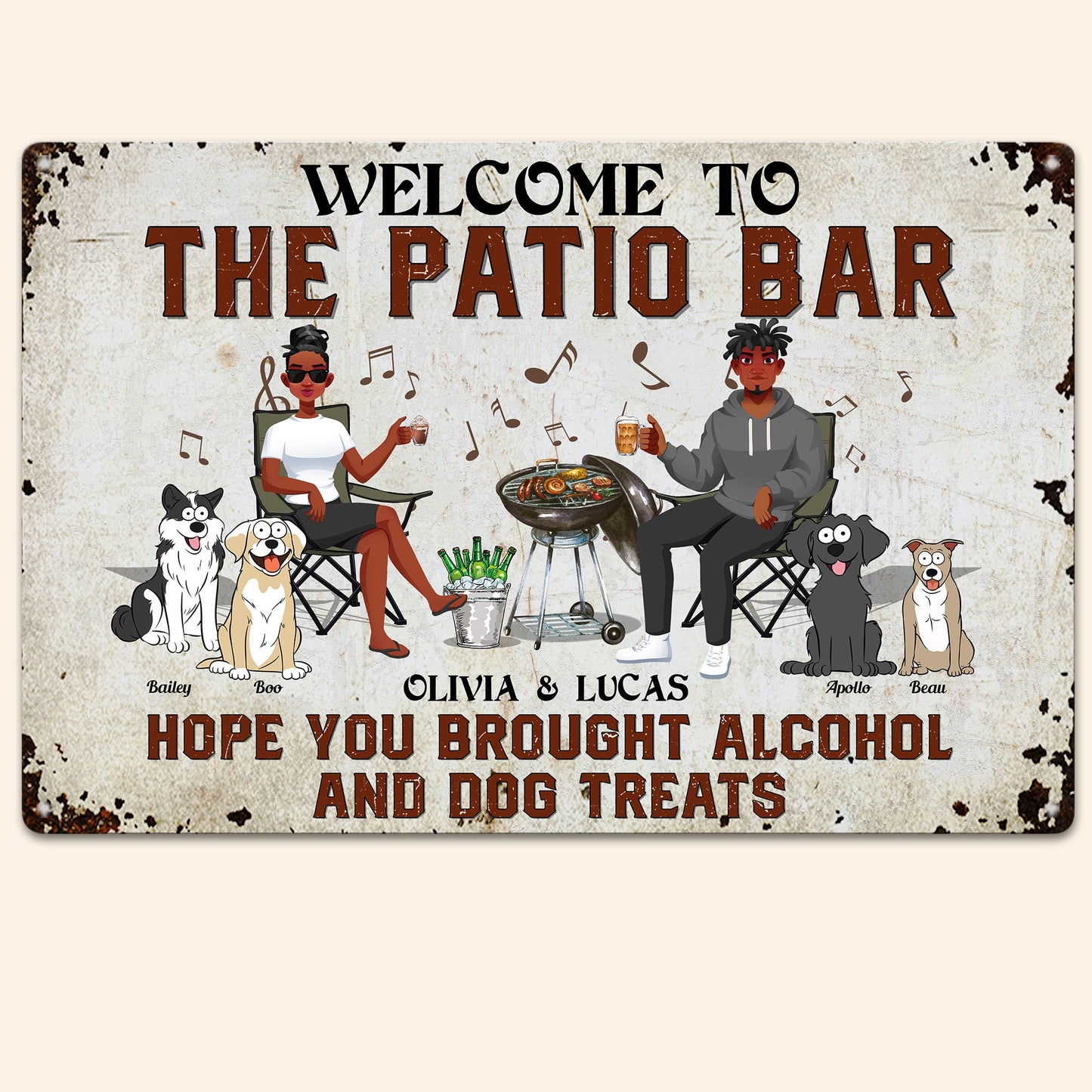 Patio Bar Alcohol And Dog Treats - Personalized Metal Sign