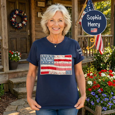 Patriotic Patchwork American Flag - Up To 10 Names - Personalized Shirt