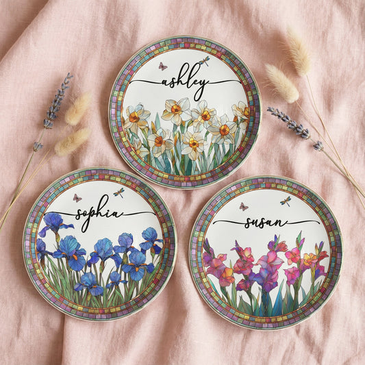 Personalize Birth Flower, Name For Her, Daughter, Sister - Personalized Jewelry Dish