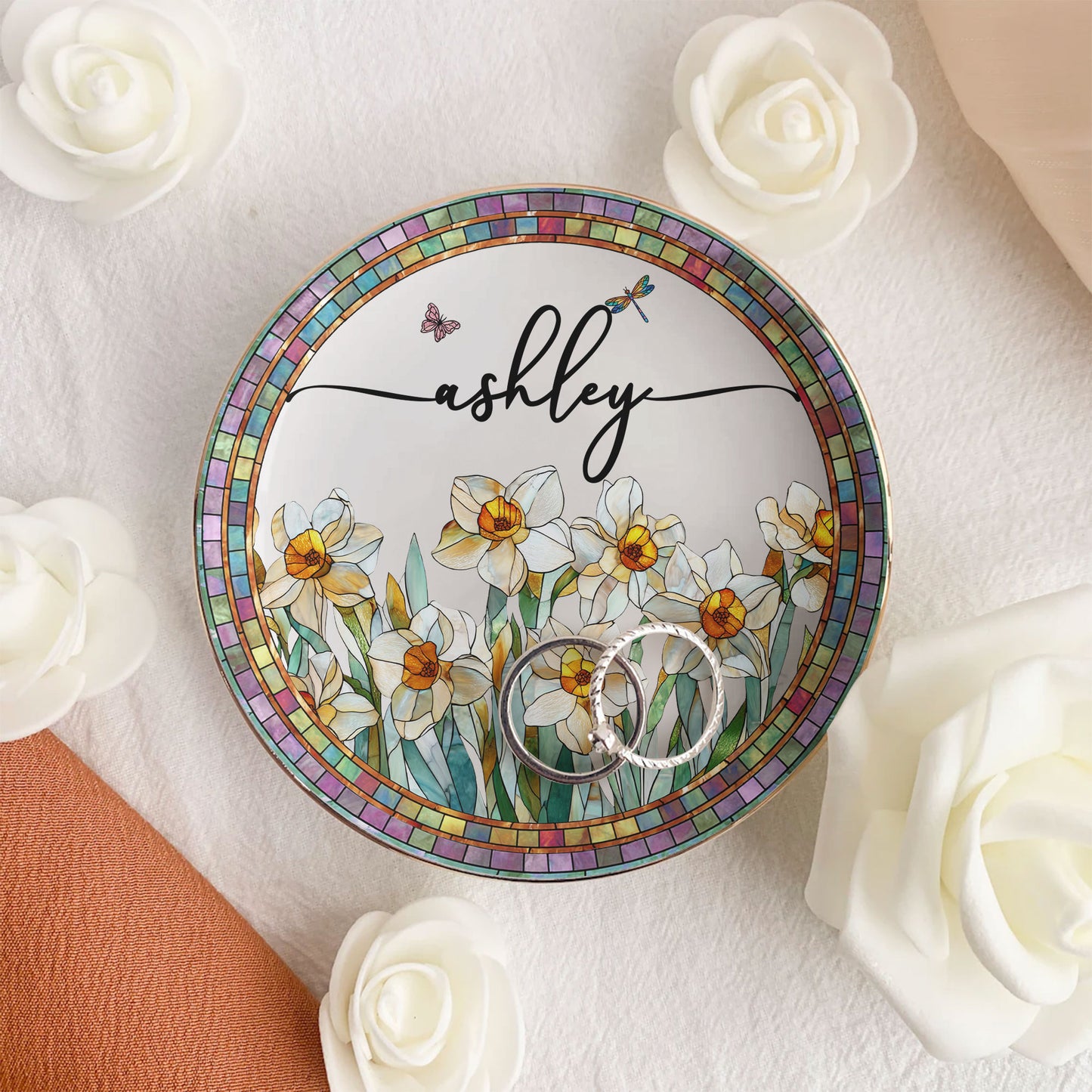 Personalize Birth Flower, Name For Her, Daughter, Sister - Personalized Jewelry Dish
