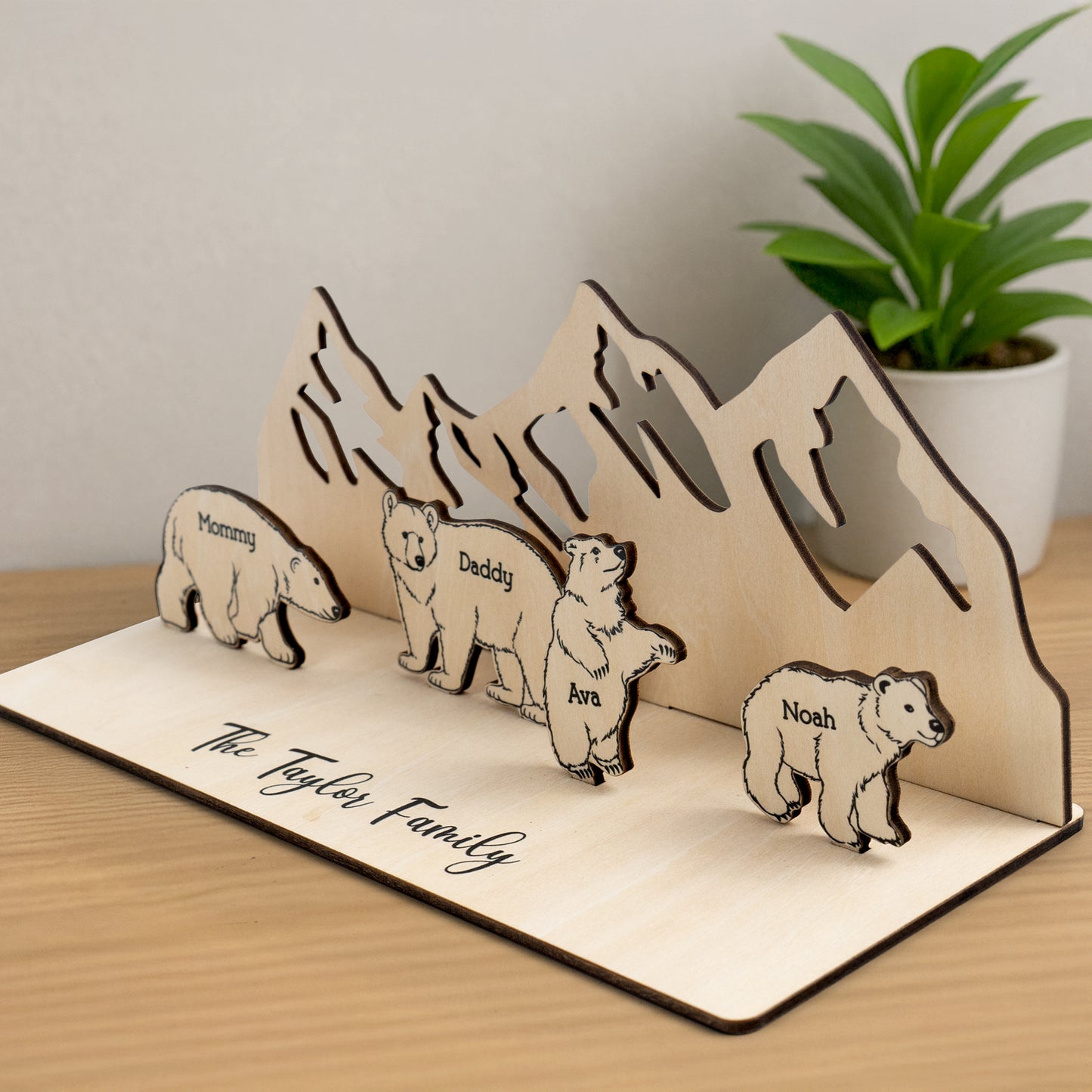Personalized Wooden Bear Family With A Mountain Scene Backdrop
