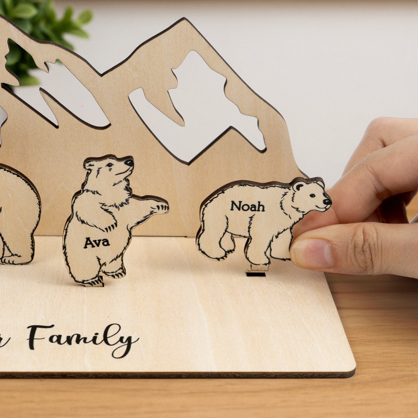 Personalized Wooden Bear Family With A Mountain Scene Backdrop
