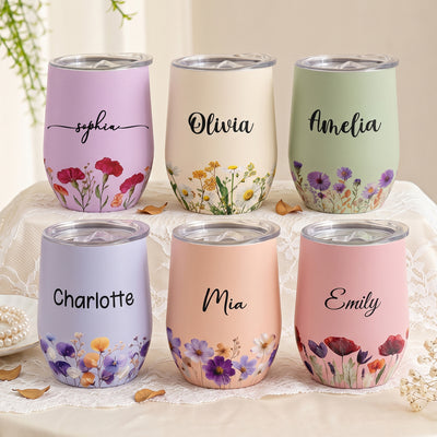 Personalized Birth Flower Gift Son Her Daughter Friend - Personalized Wine Tumbler