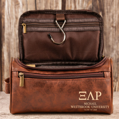 Personalized College Graduation Tote Bag For Men, Custom University Name Greek Letter - Personalized Leather Toiletry Bag