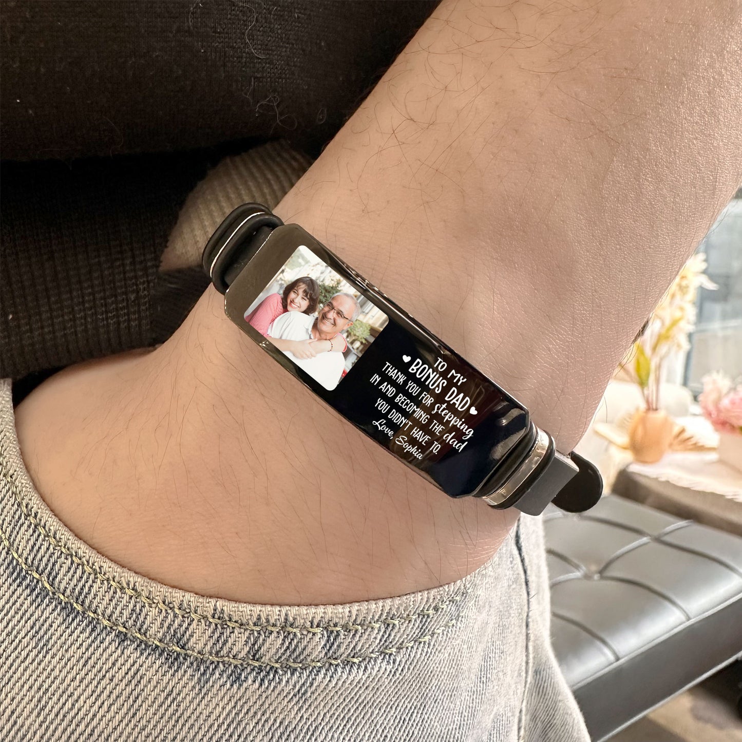 To My Bonus Dad Thank You For Stepping In - Personalized Photo Bracelet