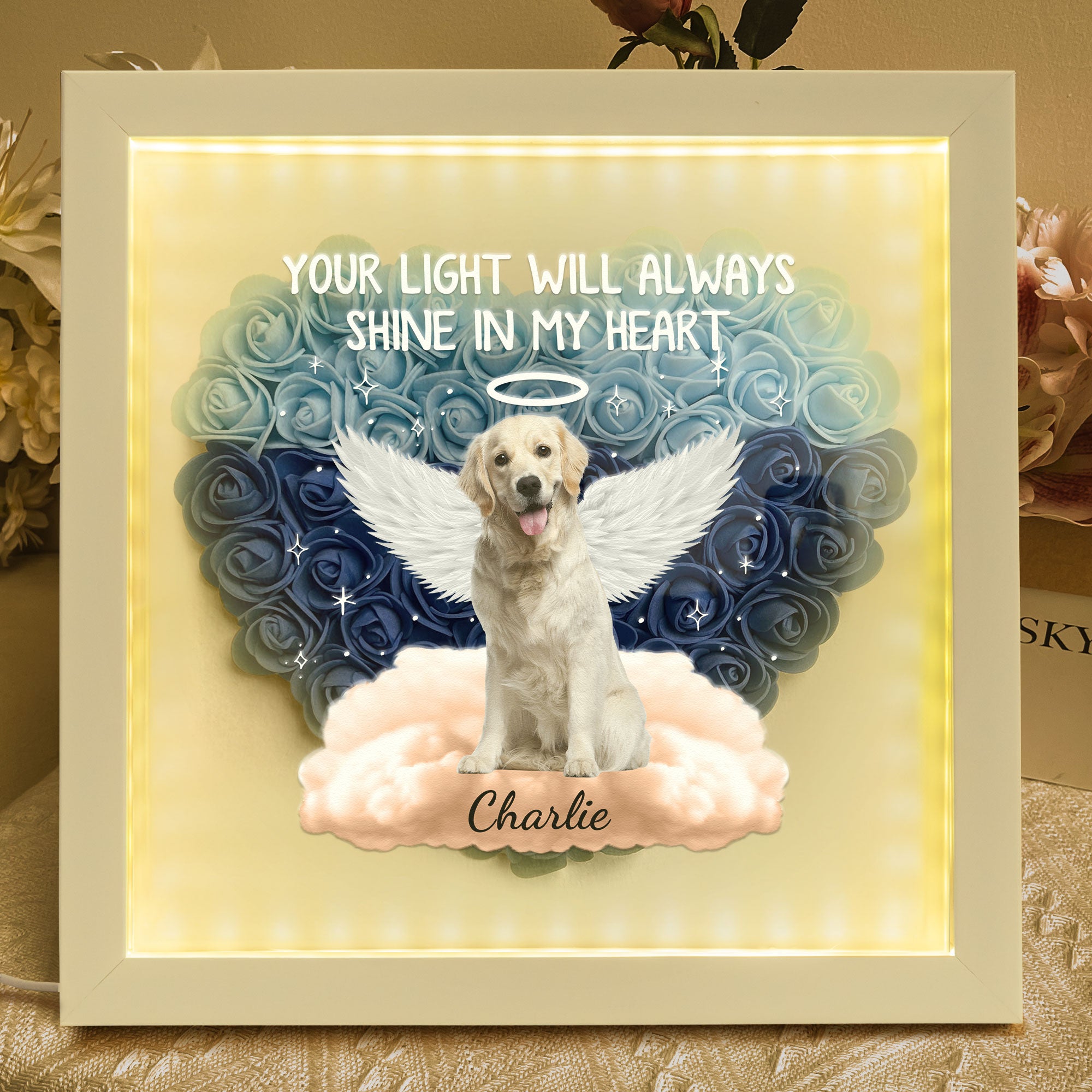 Pet Loss Your Light Will Always Shine - Personalized Photo Flower Shadow Box With LED Light
