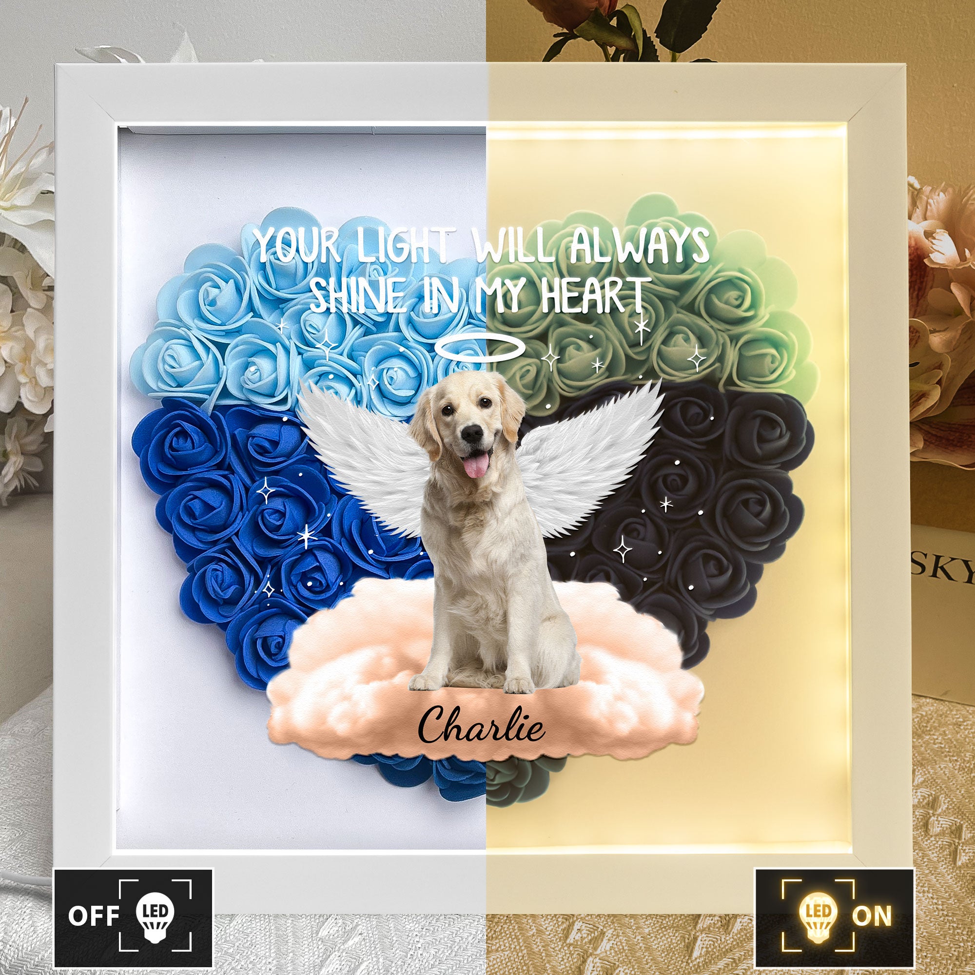 Pet Loss Your Light Will Always Shine - Personalized Photo Flower Shadow Box With LED Light
