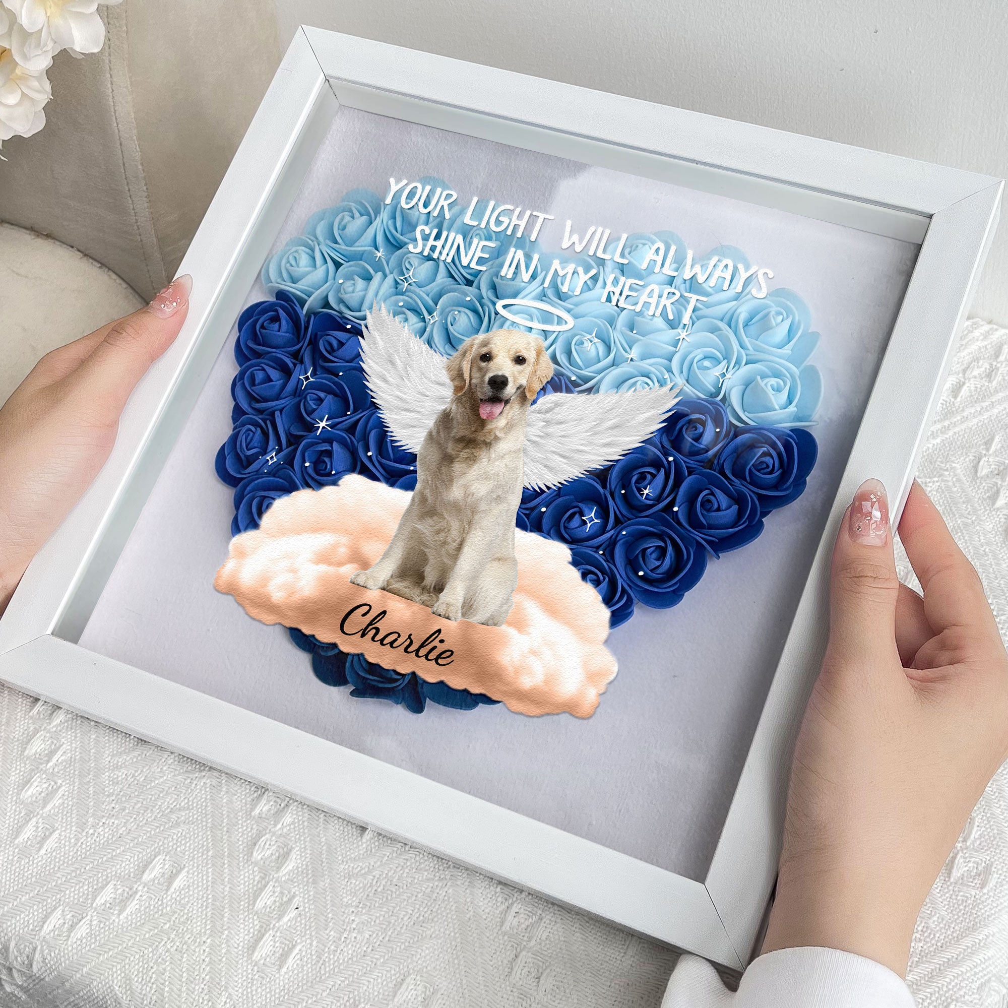 Pet Loss Your Light Will Always Shine - Personalized Photo Flower Shadow Box With LED Light