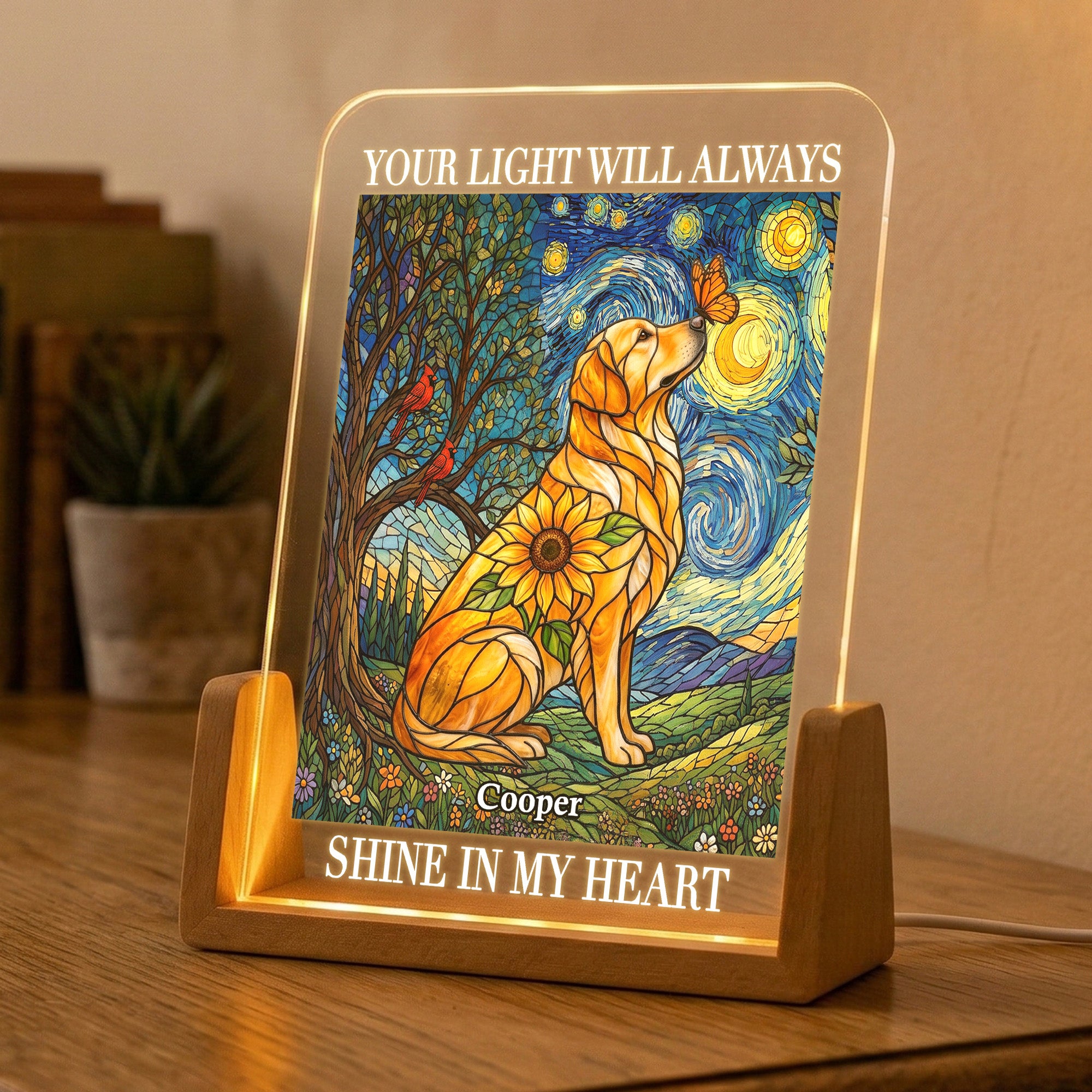 Custom Photo Pet Memorial Stained Glass Sunflower - Personalized Night Light 4