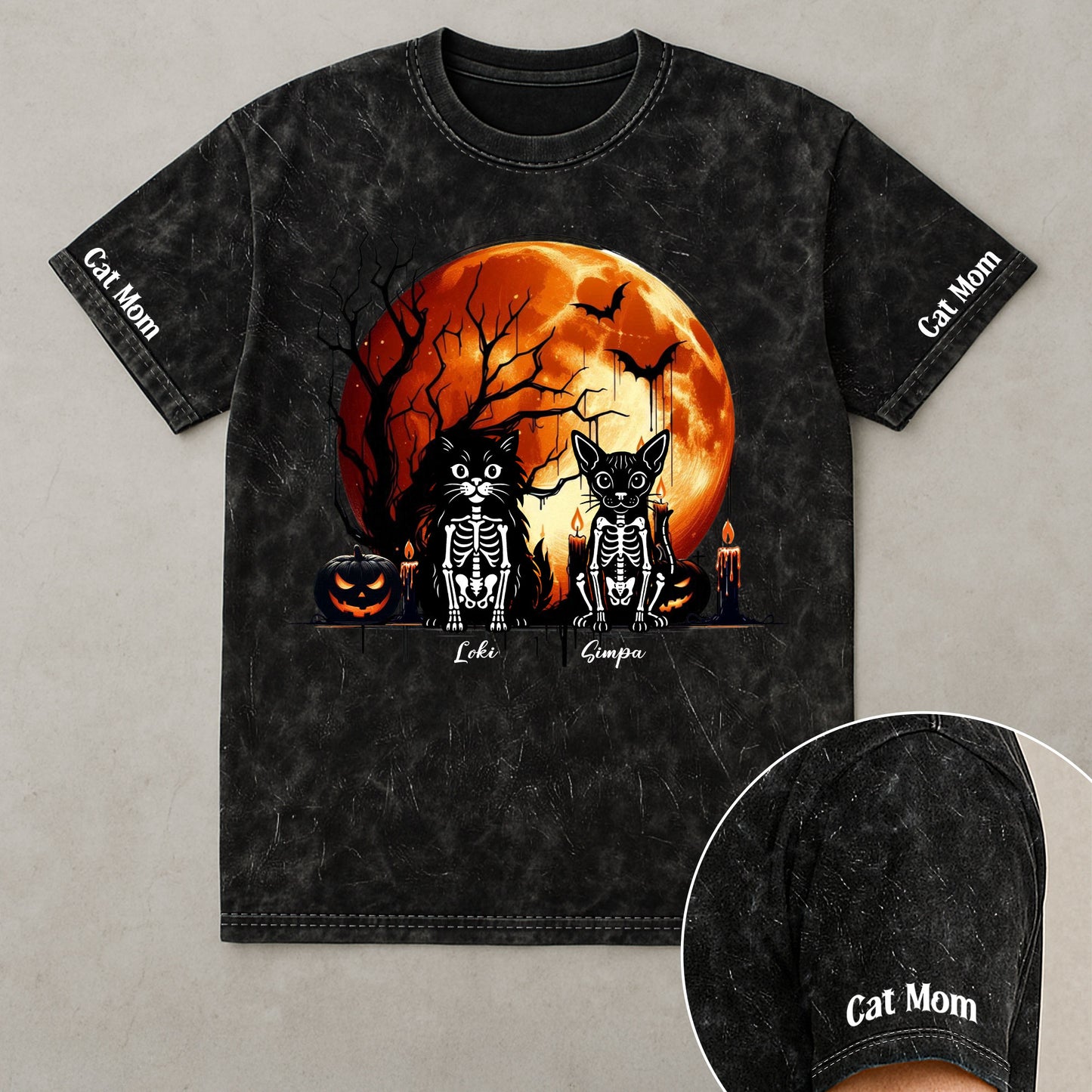 Pet Skeleton Halloween Moon - Personalized Acid Wash T‑Shirt