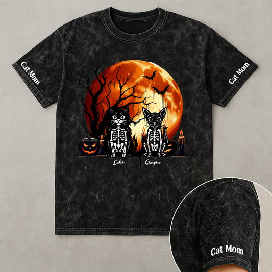 Pet Skeleton Halloween Moon - Personalized Acid Wash T‑Shirt