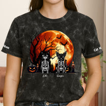 Pet Skeleton Halloween Moon - Personalized Acid Wash T‑Shirt