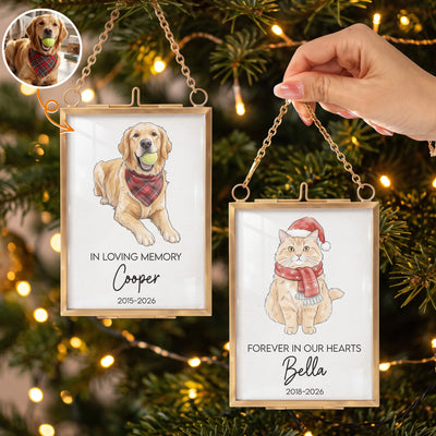 Pet Loss Christmas Frame Forever Loved Pet Portrait Watercolor Art - Personalized Ornament