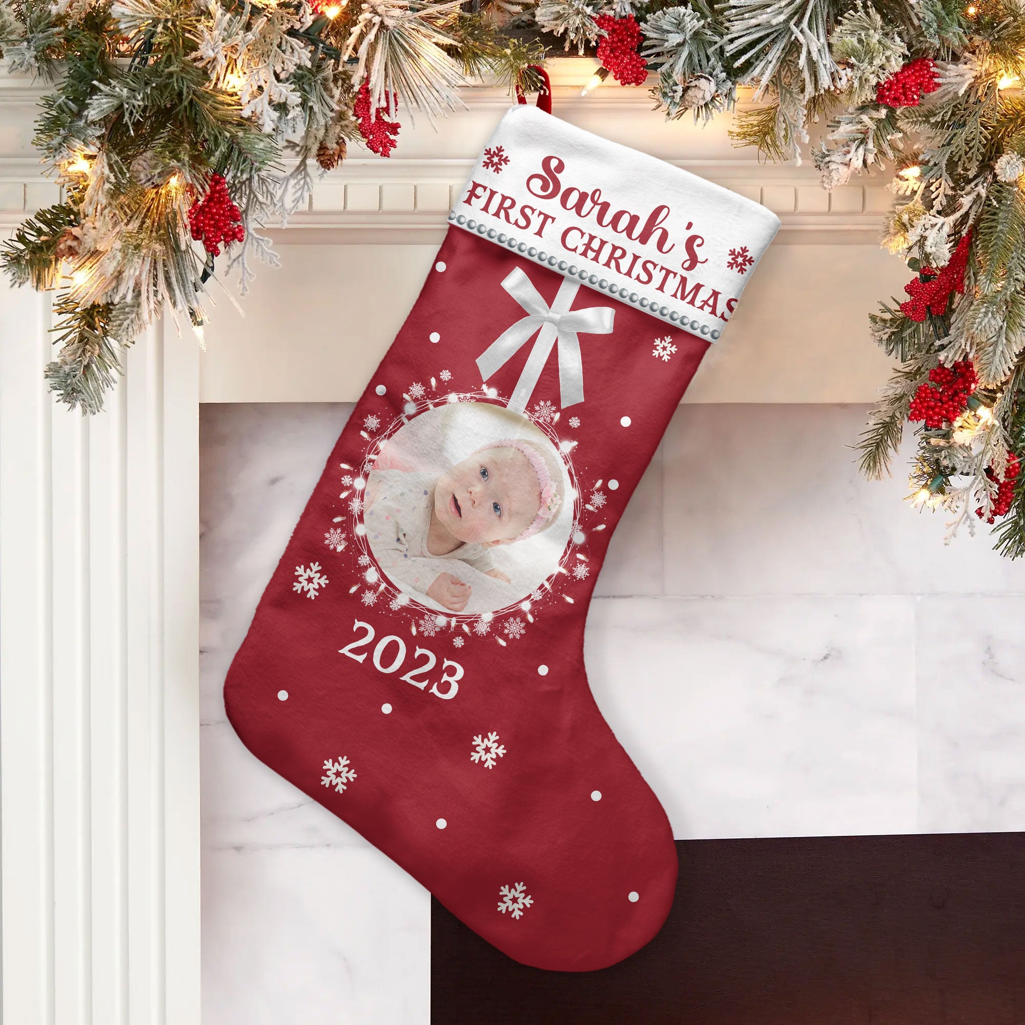 (Photo Inserted)  First Christmas - Personalized stocking