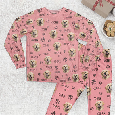 Custom Dog Face and Dog Name Dog Cat Paw - Personalized Photo Pajama Set