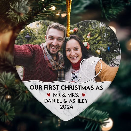 Our First Christmas As Mr & Mrs - Personalized Heart Shaped Ceramic Photo Ornament