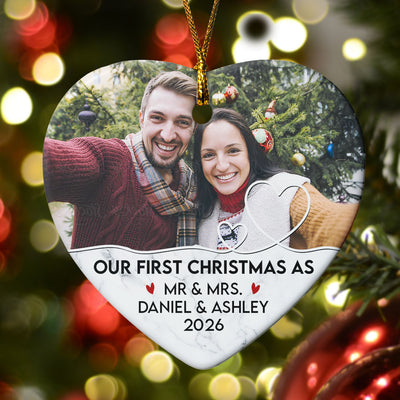 Our First Christmas As Mr & Mrs - Personalized Heart Shaped Ceramic Photo Ornament