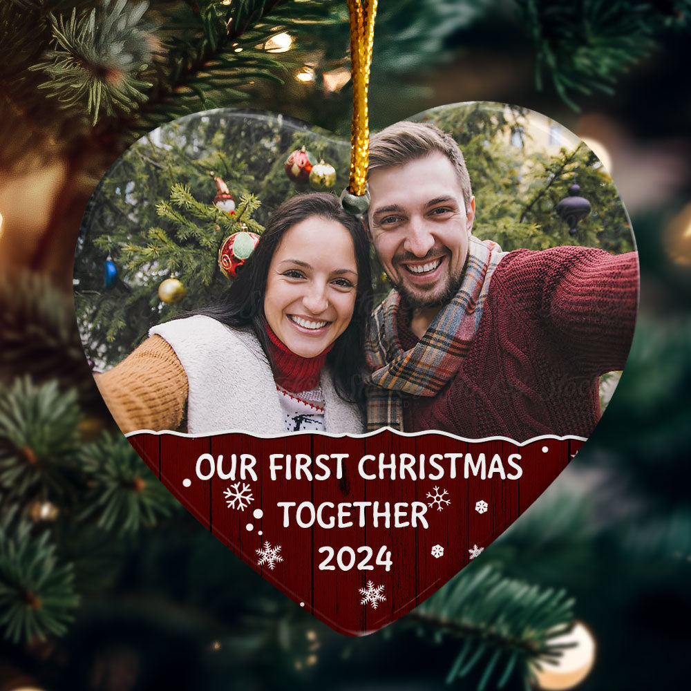 Our First Christmas Together - Personalized Heart Shaped Ceramic Photo Ornament