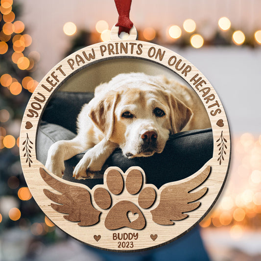 Paw Prints On My Heart - Personalized 2 Layers Wooden Photo Ornament