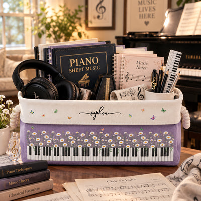 Piano, Keyboard, Custom Birth Flower & Name - For Pianist, Piano Lovers - Personalized Storage Basket