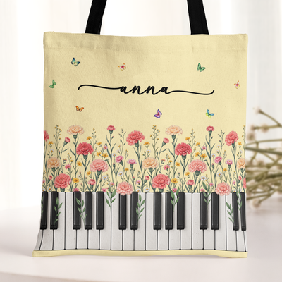 Piano, Keyboard, Custom Birth Flower & Name - For Pianist, Piano Lovers - Personalized Tote Bag