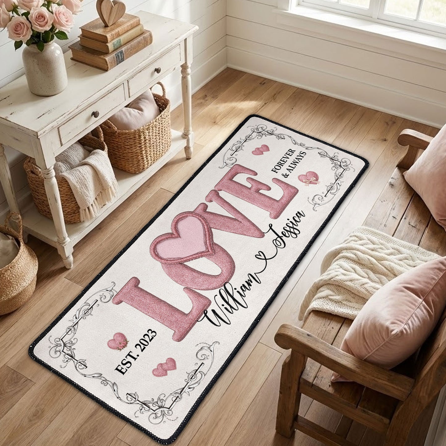 Pink Love Vintage Rose - Personalized Runner Rug