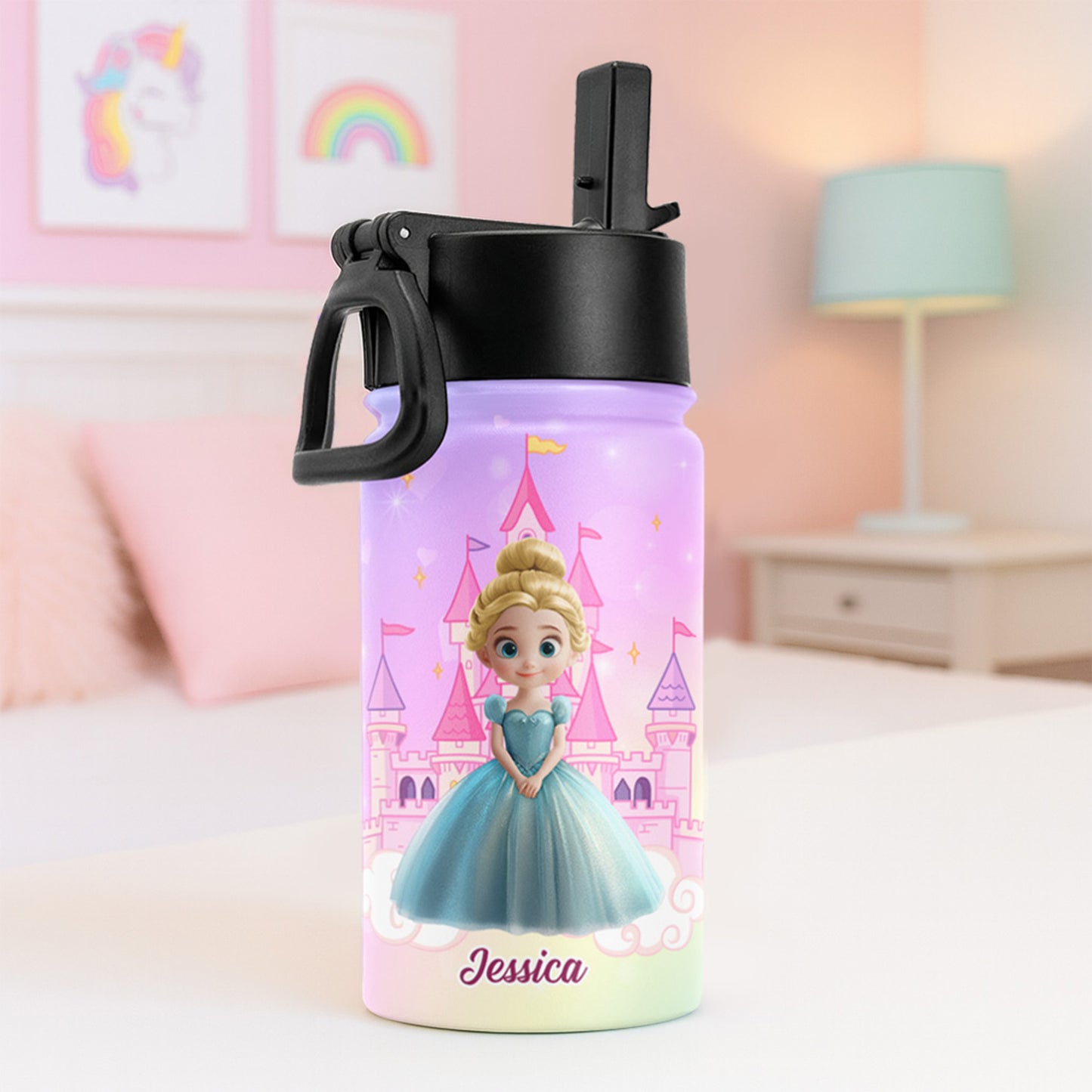 Princess Castle Cartoon Gift For Her - Personalized Kids Water Bottle With Straw Lid