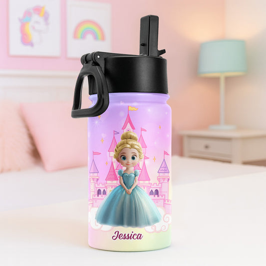 Princess Castle Cartoon Gift For Her - Personalized Kids Water Bottle With Straw Lid