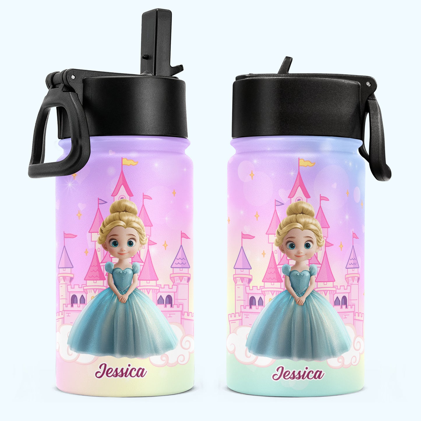 Princess Castle Cartoon Gift For Her - Personalized Kids Water Bottle With Straw Lid